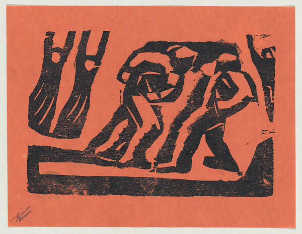 'One consequence', two men, possibly fighting, from the folio '13 Grabados', David Alfaro Siqueiros (Mexican, Camargo 1896–1974 Cuernevaca), Woodcut on orange paper 