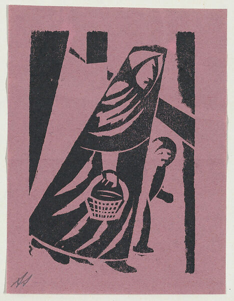 'The prisoners lunch', a woman holding a basket walking with a child, from the folio '13 Grabados', David Alfaro Siqueiros (Mexican, Camargo 1896–1974 Cuernevaca), Woodcut on purple paper 