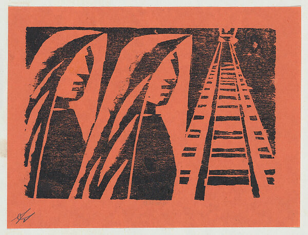 'The wives of the deportees', two women in profile standing by train tracks, from the folio '13 Grabados', David Alfaro Siqueiros (Mexican, Camargo 1896–1974 Cuernevaca), Woodcut on orange paper 