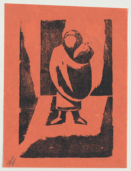 'The family', a woman holding a child, from the folio '13 Grabados', David Alfaro Siqueiros (Mexican, Camargo 1896–1974 Cuernevaca), Woodcut on orange paper 