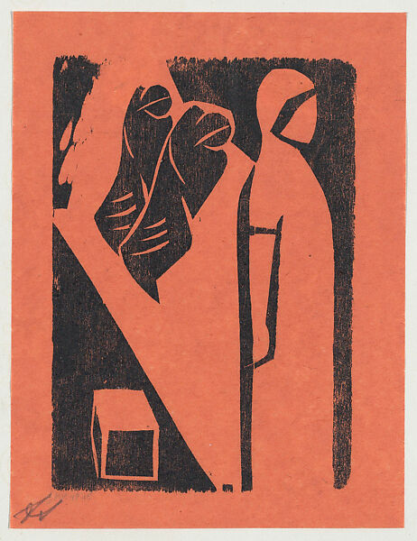 'Aristocrat', three figures, from the folio '13 Grabados', David Alfaro Siqueiros (Mexican, Camargo 1896–1974 Cuernevaca), Woodcut on orange paper 