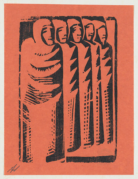 'At the pawnbrokers', five standing figures, from the folio '13 Grabados', David Alfaro Siqueiros (Mexican, Camargo 1896–1974 Cuernevaca), Woodcut on orange paper 