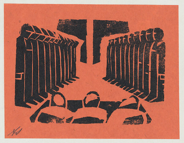 'The unjust', two lines of figures standing before three people seated at a table, from the folio '13 Grabados', David Alfaro Siqueiros (Mexican, Camargo 1896–1974 Cuernevaca), Woodcut on orange paper 