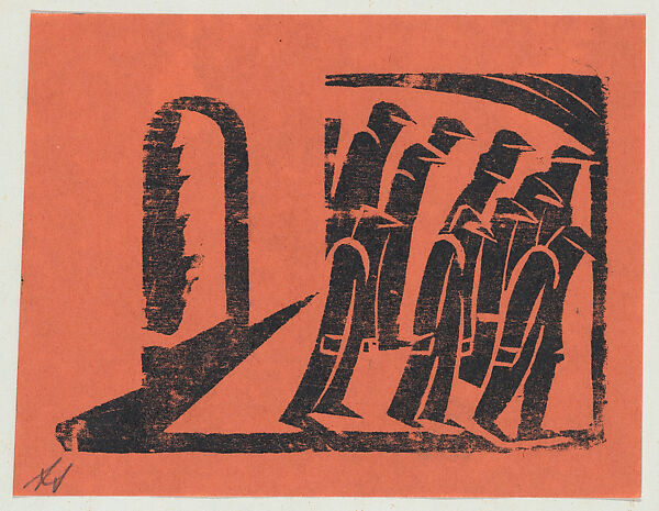 'The lockout', figures walking to the right, from the folio '13 Grabados', David Alfaro Siqueiros (Mexican, Camargo 1896–1974 Cuernevaca), Woodcut on orange paper 