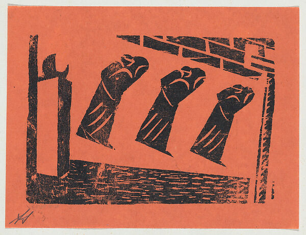 'The deportees', three figures, from the folio '13 Grabados', David Alfaro Siqueiros (Mexican, Camargo 1896–1974 Cuernevaca), Woodcut on orange paper 