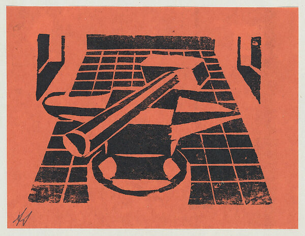 'The strike', a hammer resting on an anvil, from the folio '13 Grabados', David Alfaro Siqueiros (Mexican, Camargo 1896–1974 Cuernevaca), Woodcut on orange paper 