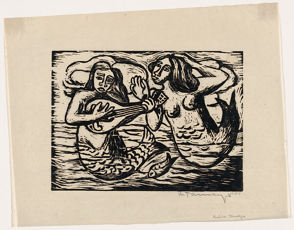 Two mermaids, one playing a mandolin, Rufino Tamayo (Mexican, Oaxaca 1899–1991 Mexico City), Woodcut on Japan paper 