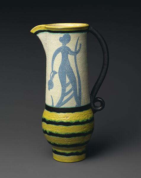 Pitcher with figures, Adolf Odorfer, Earthenware, American 