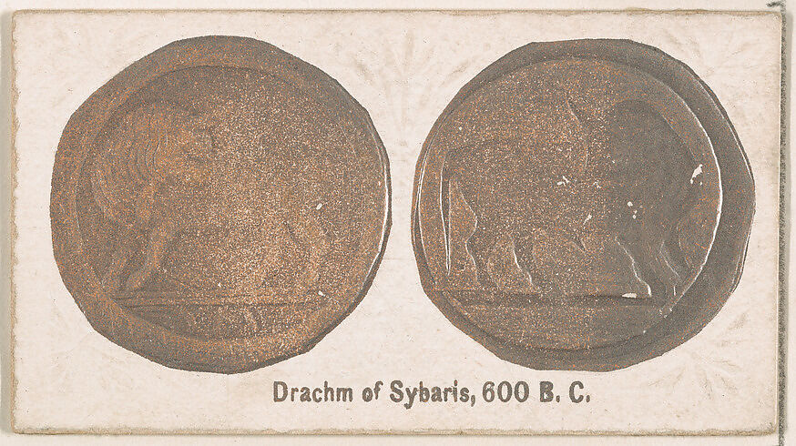 Drachm of Sybaris, 600 B.C., from the Ancient Coins series (N180) issued by Wm. S. Kimball & Co., Issued by William S. Kimball &amp; Company, Commercial color lithograph 