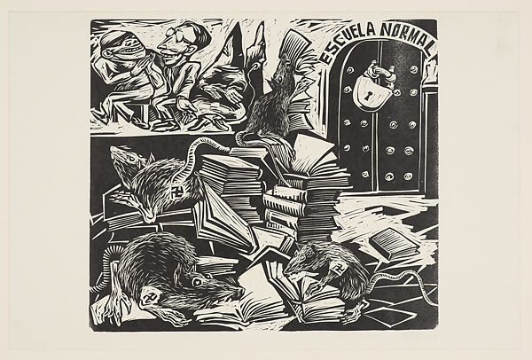 Rats marked with the Nazi Swastika devouring books, the padlocked 'Escuela Normal' at the right, Alfredo Zalce (Mexican, Pátzcuaro, Michoacán 1908–2003 Morelia), Linocut 