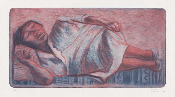A Mexican woman resting on a bed, Alfredo Zalce (Mexican, Pátzcuaro, Michoacán 1908–2003 Morelia), Etching printed in colour 