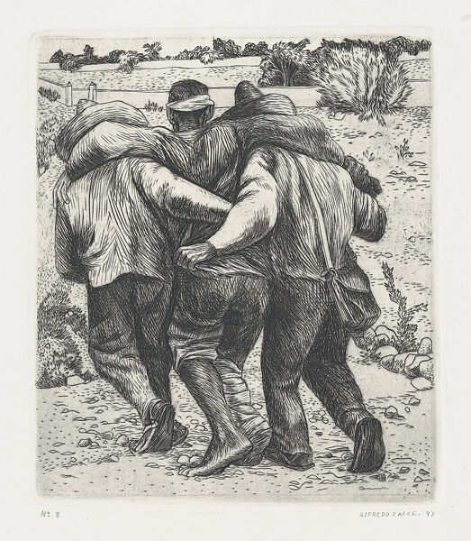 Two men supporting a wounded man, viewed from behind, Alfredo Zalce (Mexican, Pátzcuaro, Michoacán 1908–2003 Morelia), Engraving 