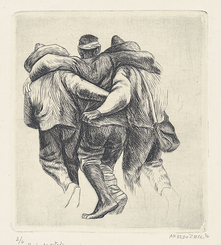 Two men supporting a wounded man, viewed from behind