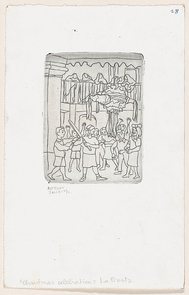 'La Piñata' a blindfolded figure holding a stick surrounded by others, Alfredo Zalce (Mexican, Pátzcuaro, Michoacán 1908–2003 Morelia), Engraving 