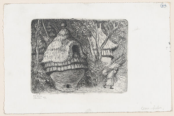 Corn cribs (a type of granary) with a figure in the foreground, Alfredo Zalce (Mexican, Pátzcuaro, Michoacán 1908–2003 Morelia), Etching 