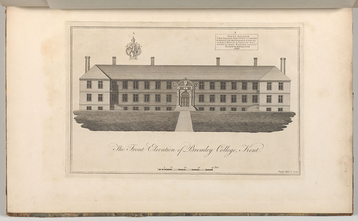 The Front Elevation of Bromley College, Kent, from Edward Hasted's, The History and Topographical Survey of the County of Kent, vols. 1-3, Drawn and etched by John Bayly (British, active 1755–82), Etching and engraving 