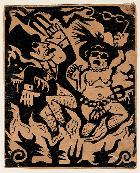 Rich people in hell, Jean Charlot (French, Paris 1898–1979 Honolulu, Hawaii), Woodcut printed on thin paper, backed to a cardboard support 