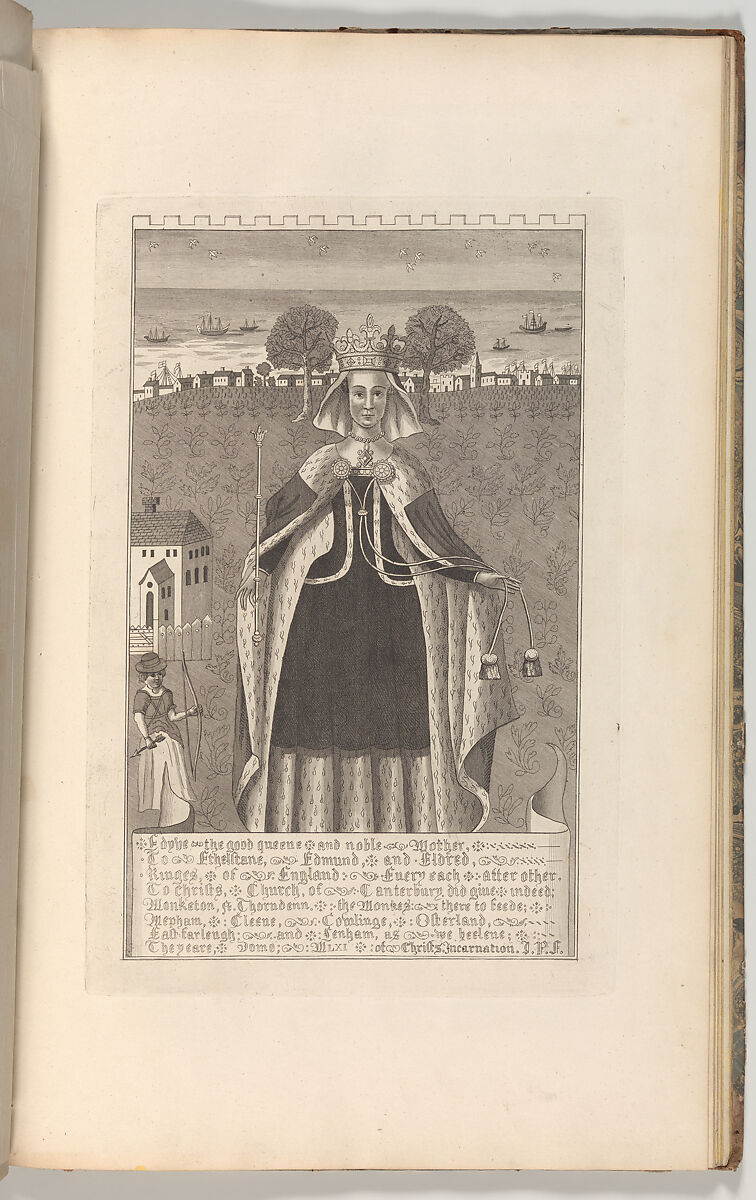 Edyve, the good queen and noble mother to Etheltane, Edmund and Eldred, Kinges of England..., from The History and Topographical Survey of the County of Kent, vols. 1-3, Drawn and etched by John Bayly (British, active 1755–82), Etching and engraving 