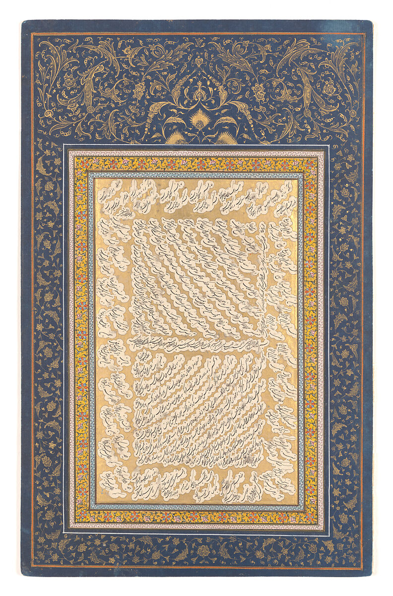 Album Leaf of Shekasteh-ye Nasta'liq, attributed to Mirza Kuchak (Iranian, Isfahan, died 1846), Opaque watercolor, ink, and gold on paper 