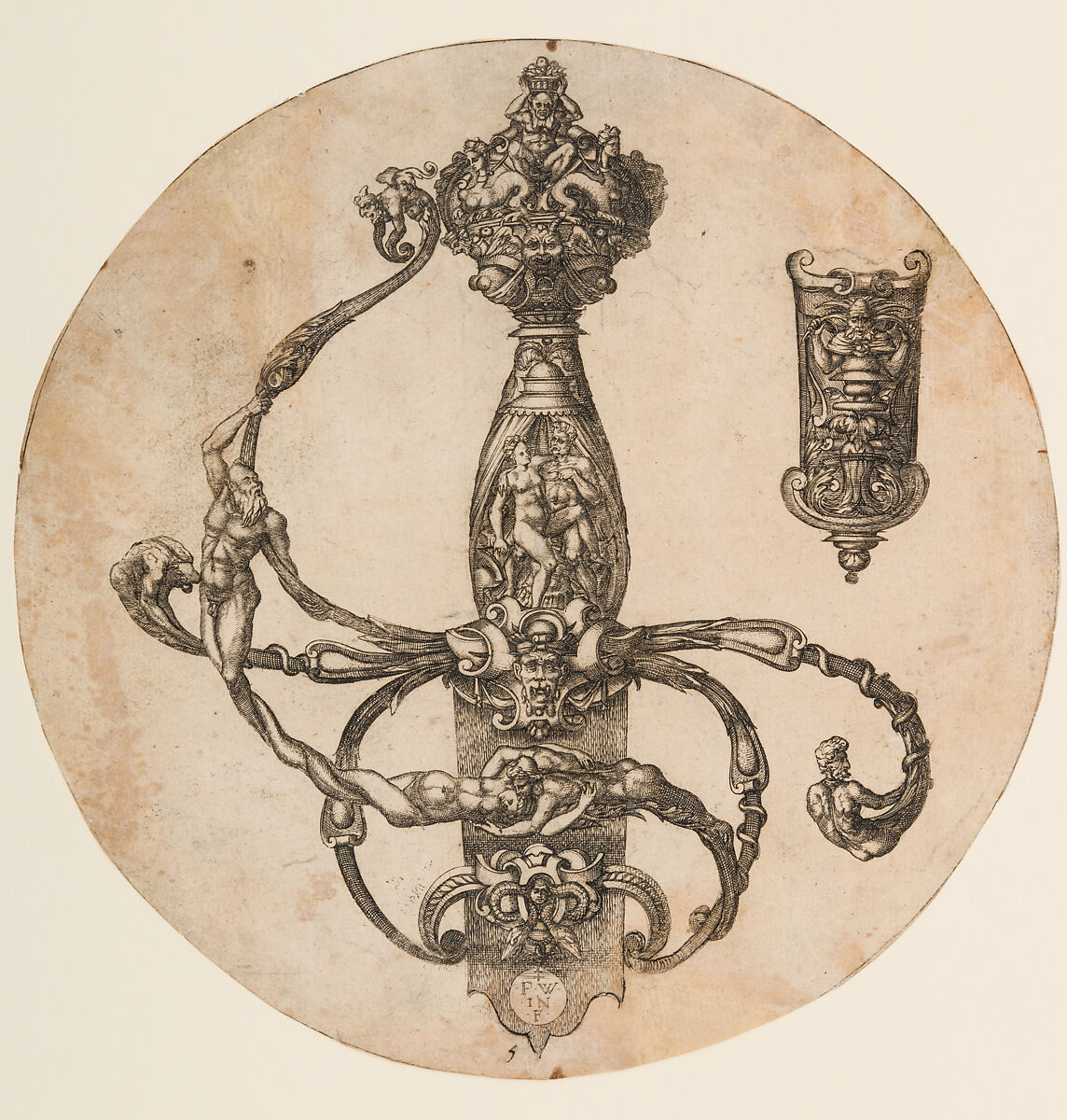 Design for a Rapier Hilt and Scabbard Chape, Pierre Woeiriot de Bouzey II (French, Neufchâteau 1532–1599 Damblain), Etching, engraving, French 