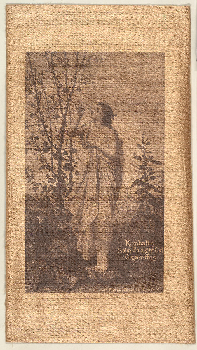 Woman smelling blossom on tree (on brown silk), from the Girl Art Subjects series (N193) issued by Wm. S. Kimball & Co., Issued by William S. Kimball &amp; Company, Commercial lithograph printed on silk 