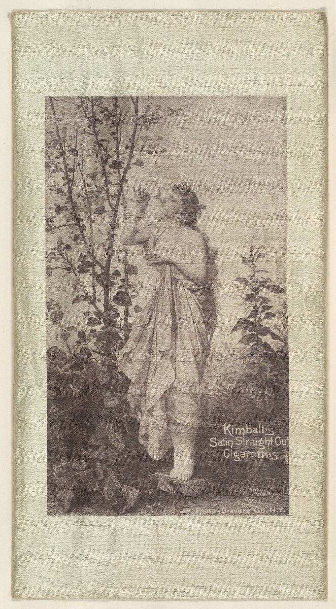 Woman smelling blossom on tree (on green silk), from the Girl Art Subjects series (N193) issued by Wm. S. Kimball & Co., Issued by William S. Kimball &amp; Company, Commercial lithograph printed on silk 