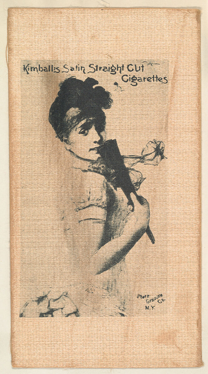 Woman holding fan (on brown silk), from the Girl Art Subjects series (N193) issued by Wm. S. Kimball & Co., Issued by William S. Kimball &amp; Company, Commercial lithograph printed on silk 