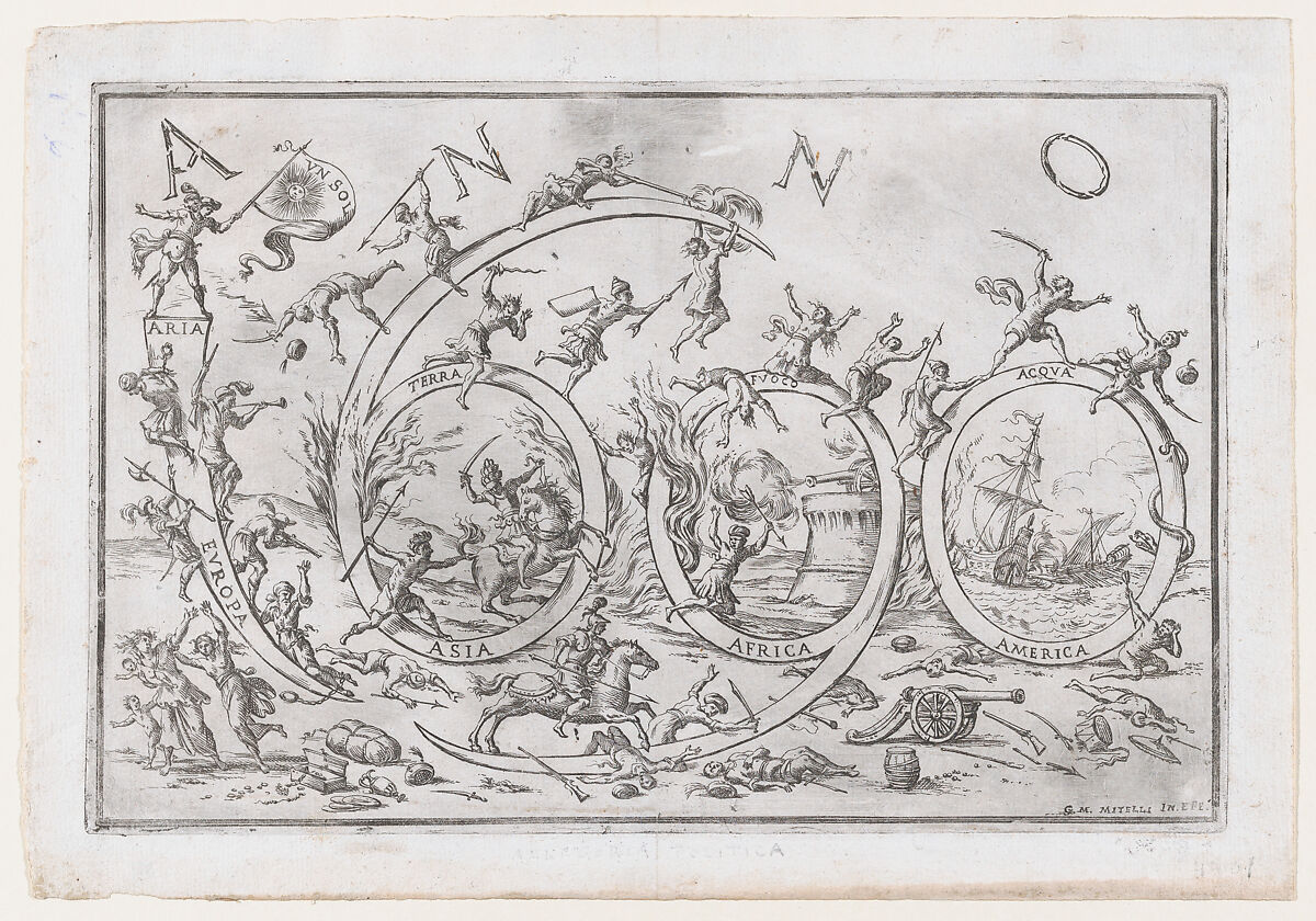 'Anno 1690' (the Year 1690), with numerous warring figures clambering on and hanging from the numbers, allusions to the Allegories of the Four Elements and the Four Continents, Giuseppe Maria Mitelli (Italian, Bologna (?) 1634–1718 Bologna), Etching 