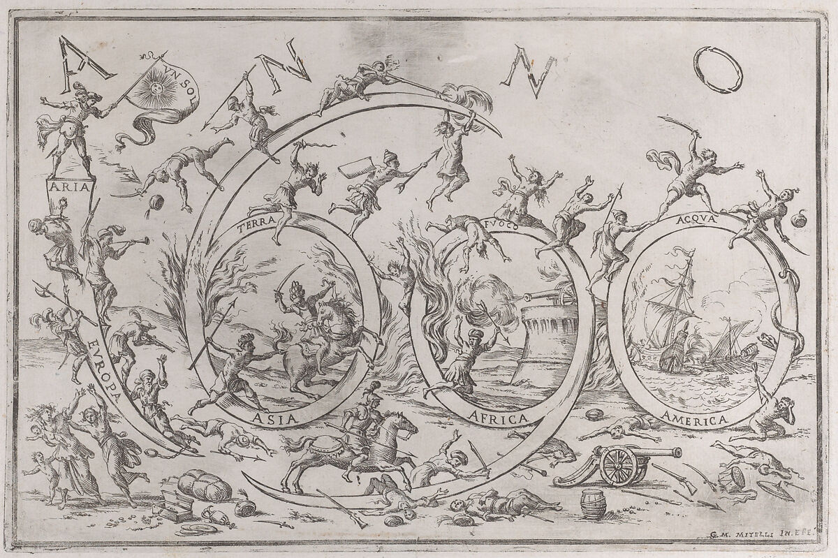 'Anno 1690' (the Year 1690), with numerous warring figures clambering on and hanging from the numbers, allusions to the Allegories of the Four Elements and the Four Continents, Giuseppe Maria Mitelli (Italian, Bologna (?) 1634–1718 Bologna), Etching