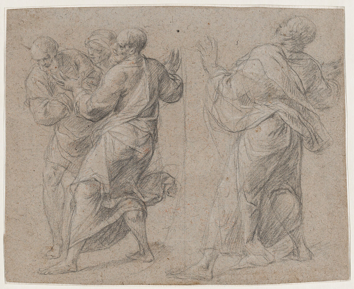 Studies of Figures, Antonio Busca (Italian, Milan 1625–1686 Milan), Black and white chalk on gray paper 