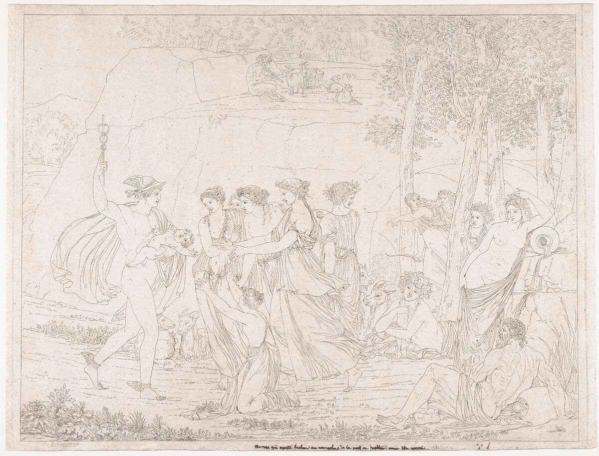 Mercury Delivers the Infant Bacchus to the Nymphs, Bénigne Gagneraux (French, Dijon 1756–1795 Florence), Etching, proof impression, partly reworked in graphite 