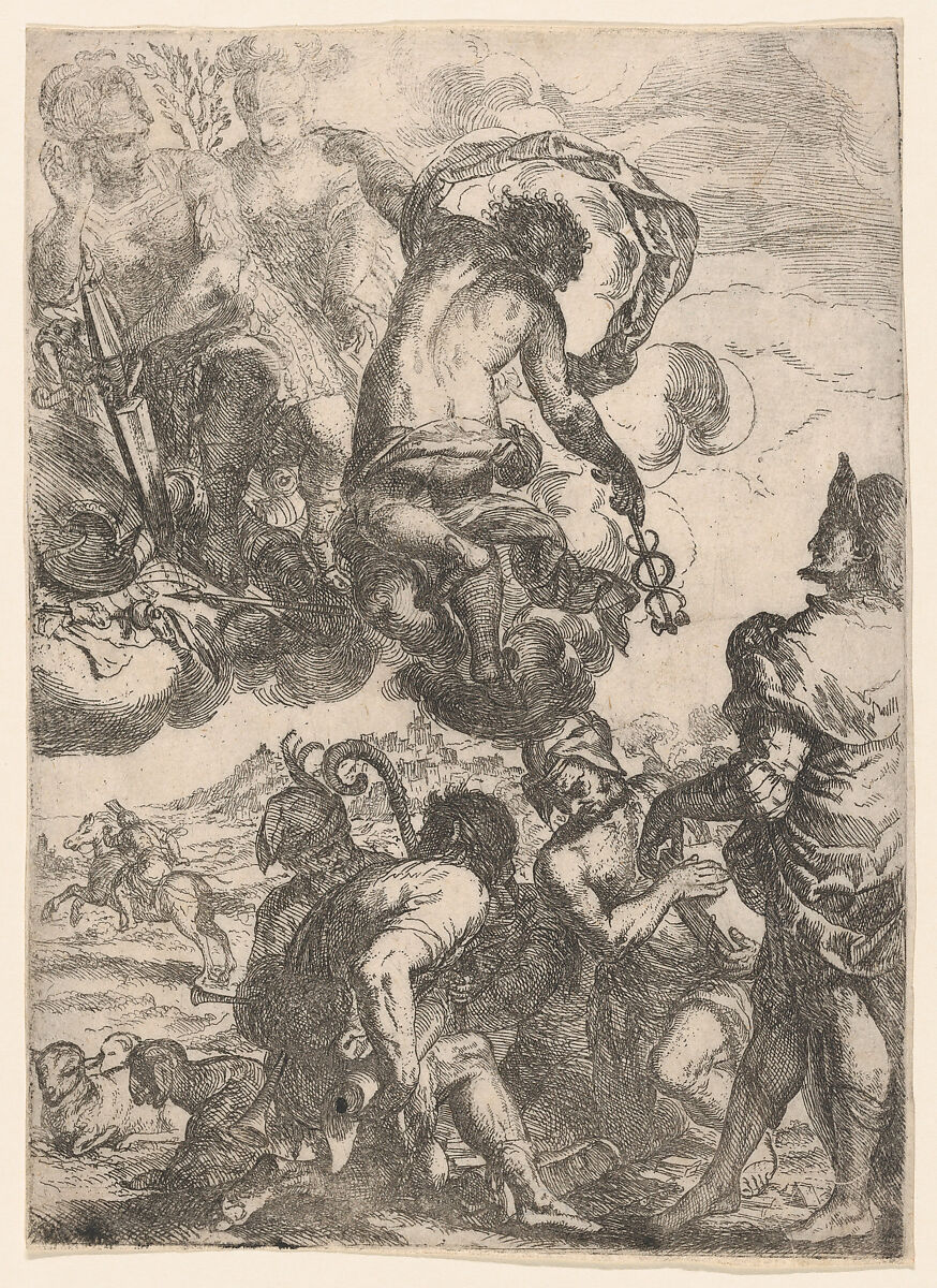 Mercury (Hermes), Juno (?) Mars, and a group of figures below (shepherds, musicians), Anonymous, Italian, 17th century, Etching 