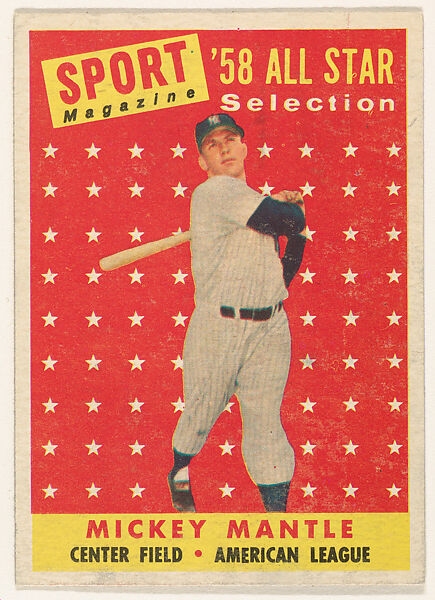 Mickey Mantle, Center Field, American League, from the "1958 Topps Regular Issue" series (R414-13), issued by Topps Chewing Gum Company, Issued by Topps Chewing Gum Company (American, Brooklyn), Commercial color lithograph 