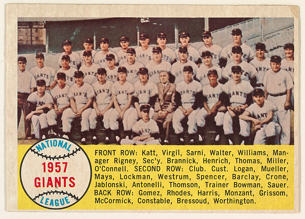 1957 Giants, from the "1958 Topps Regular Issue" series (R414-13), issued by Topps Chewing Gum Company, Issued by Topps Chewing Gum Company (American, Brooklyn), Commercial color lithograph 