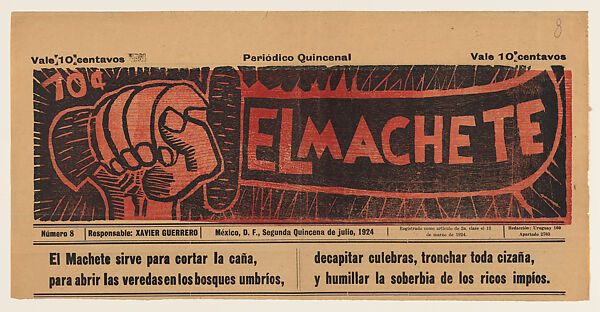 Title page masthead 'El Machete' (hand holding a machete), David Alfaro Siqueiros (Mexican, Camargo 1896–1974 Cuernevaca), Photo-relief and letterpress 