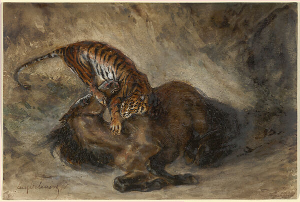 Wild Horse Felled by a Tiger, Eugène Delacroix (French, Charenton-Saint-Maurice 1798–1863 Paris), Watercolor and gouache over pen and ink, with touches of gum arabic, on wove paper 