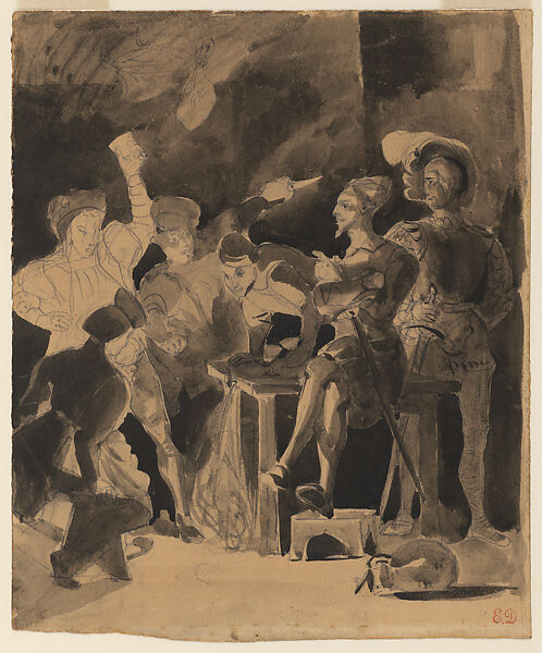 Faust and Mephistopheles in the Tavern (Study for "Faust," plate 7), Eugène Delacroix (French, Charenton-Saint-Maurice 1798–1863 Paris), Ink wash in shades of gray to black over graphite on wove paper 