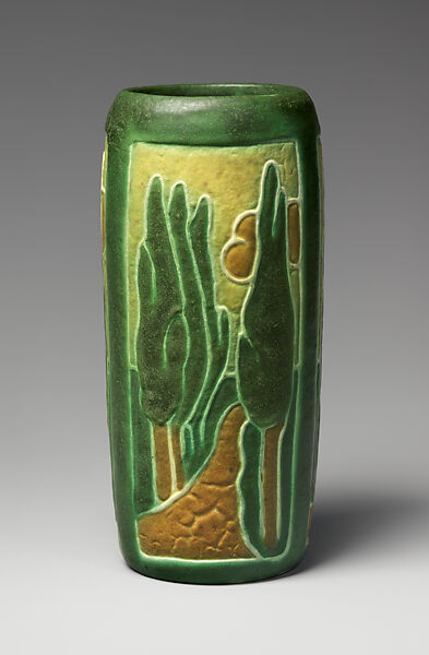 Vase with landscape, Grueby Faience Company (1894–ca. 1911), Earthenware, American 