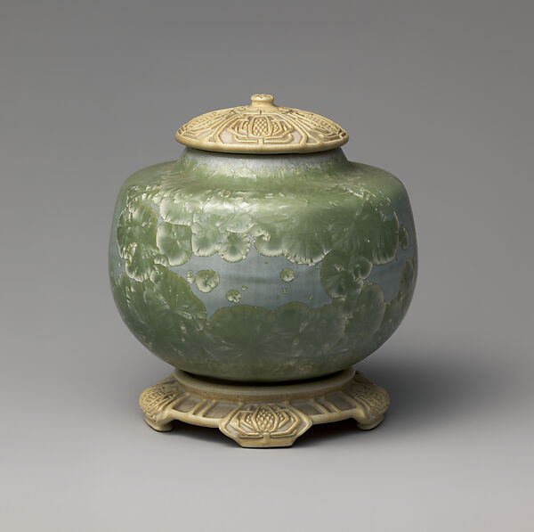 Covered vase on stand with teasel, Adelaide Alsop Robineau (American, Middletown, Connecticut, 1865–1929 Syracuse, New York), Porcelain, American