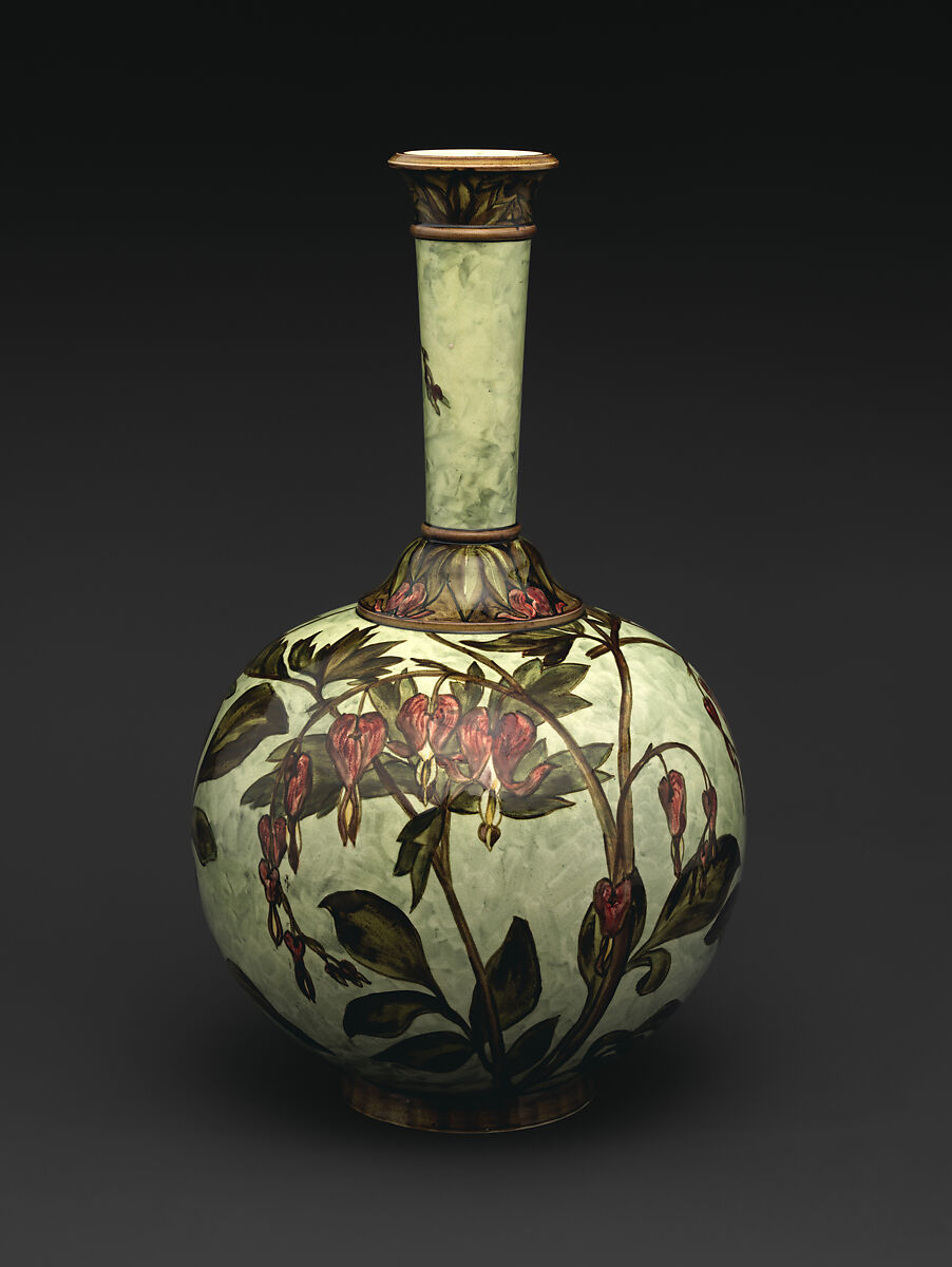 Vase with bleeding hearts, John Bennett (1840–1907), Earthenware, American 