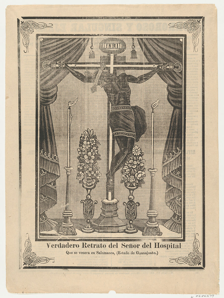 Broadsheet relating to Our Lord of the Hospital (Salamanca, Guanajuato) on a crucifix on an altar, Anonymous, Photorelief and letterpress 