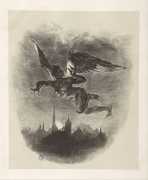 Faust, plate 1: Mephistopheles Aloft, Eugène Delacroix (French, Charenton-Saint-Maurice 1798–1863 Paris), Lithograph on chine collé, first state of seven 