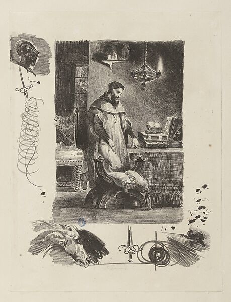 Faust, plate 2: Faust in His Study, Eugène Delacroix (French, Charenton-Saint-Maurice 1798–1863 Paris), Lithograph; first state of eight, with remarques 