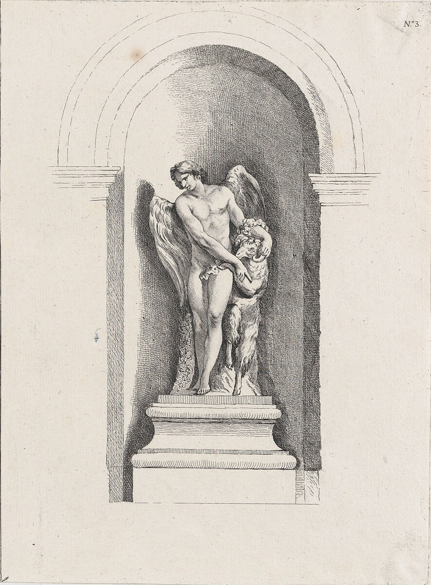 Standing male angel looking down to left and holding a ram; allegory of Summer; after a bas-relief on the Fontaine des Quatre-Saisons (Paris), Anonymous, French, 18th century (?), Etching 