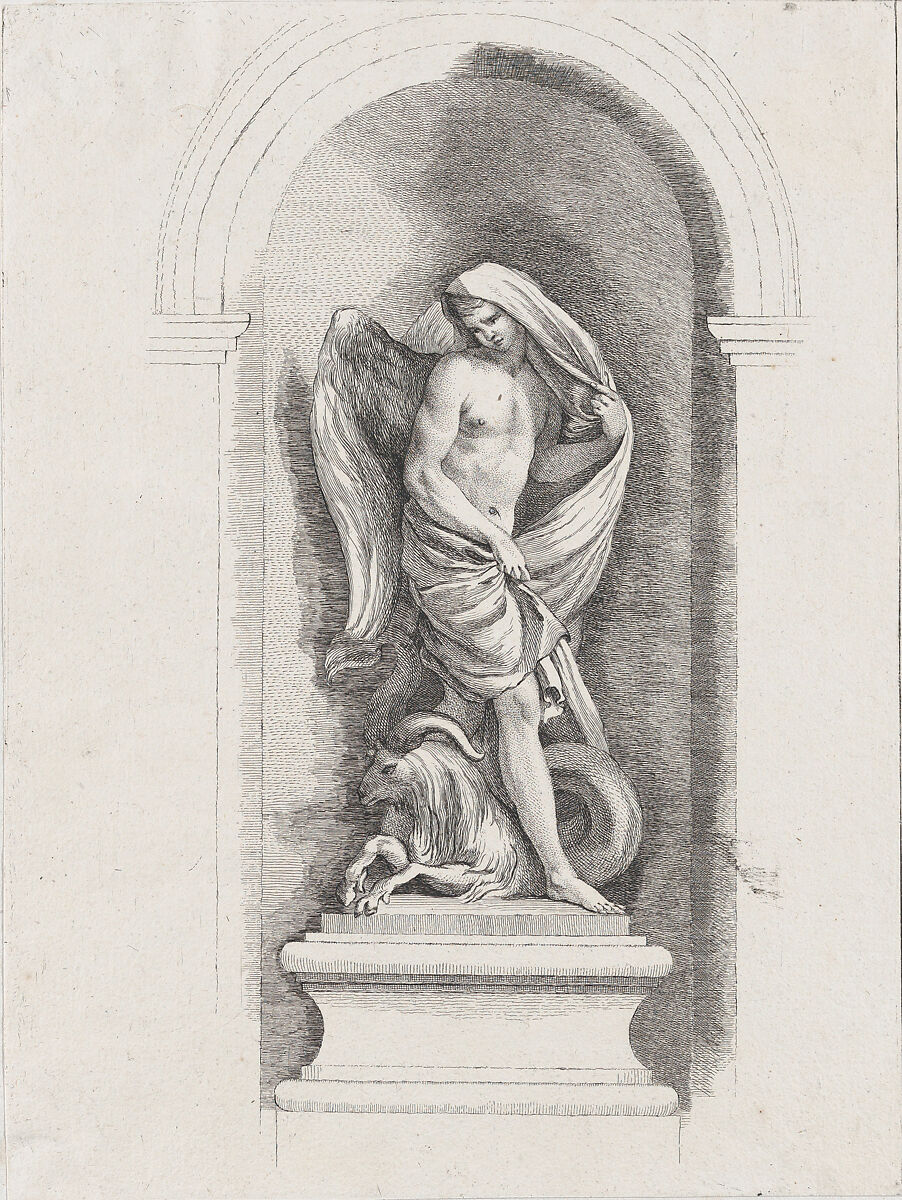 Standing male angel holding drapery and standing over a ram; allegory of Spring; after bas-relief on Fontaine des Quatre-Saisons (Paris), Anonymous, French, 18th century (?), Etching 