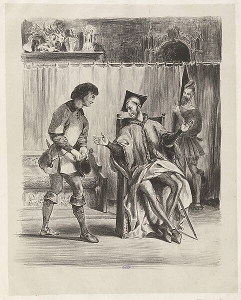 Faust, plate 6: Mephistopheles Receiving the Student, Eugène Delacroix (French, Charenton-Saint-Maurice 1798–1863 Paris), Lithograph; first state of two 