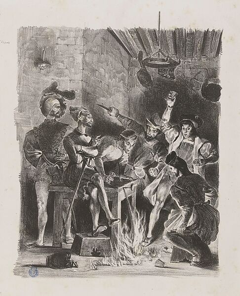 Faust, plate 7: Mephistopheles in Auerbach's Tavern, Eugène Delacroix (French, Charenton-Saint-Maurice 1798–1863 Paris), Lithograph; first state of six 