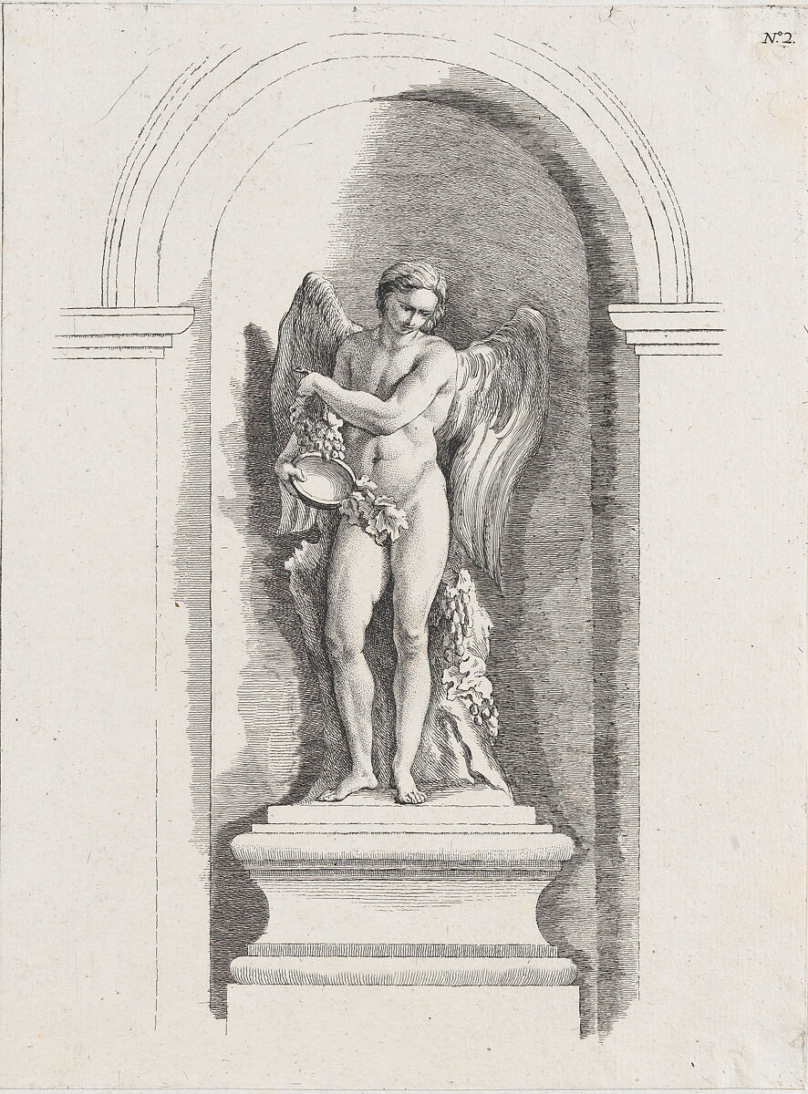 Standing male angel holding an empty bowl and looking down; allegory of Winter; after a bas-relief on the Fontaine des Quatre-Saisons (Paris), Anonymous, French, 18th century (?), Etching 