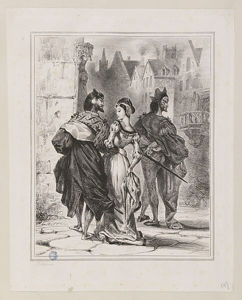Faust, plate 8: Faust Trying to Seduce Marguerite, Eugène Delacroix (French, Charenton-Saint-Maurice 1798–1863 Paris), Lithograph; first state of seven 