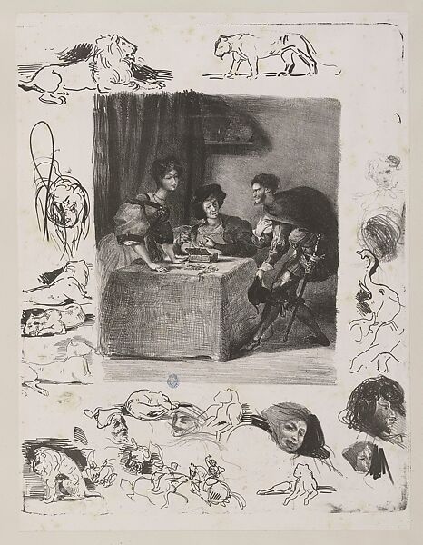 Faust, plate 9: Mephistopheles Introduces Himself at Martha's House, Eugène Delacroix (French, Charenton-Saint-Maurice 1798–1863 Paris), Lithograph; first state of seven, with remarques 